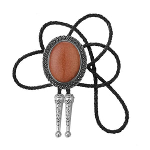 Bolo tie med stor oval sten och handflätad läderrem Brun