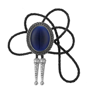 Bolo tie med stor oval sten och handflätad läderrem Marinblå