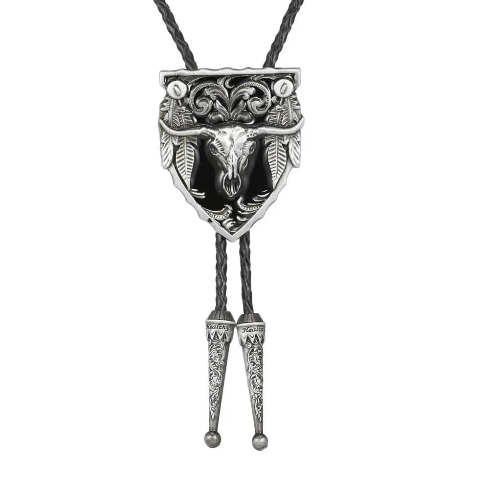 Bolo tie med tjurskalle i oljesköld och läderband Svart