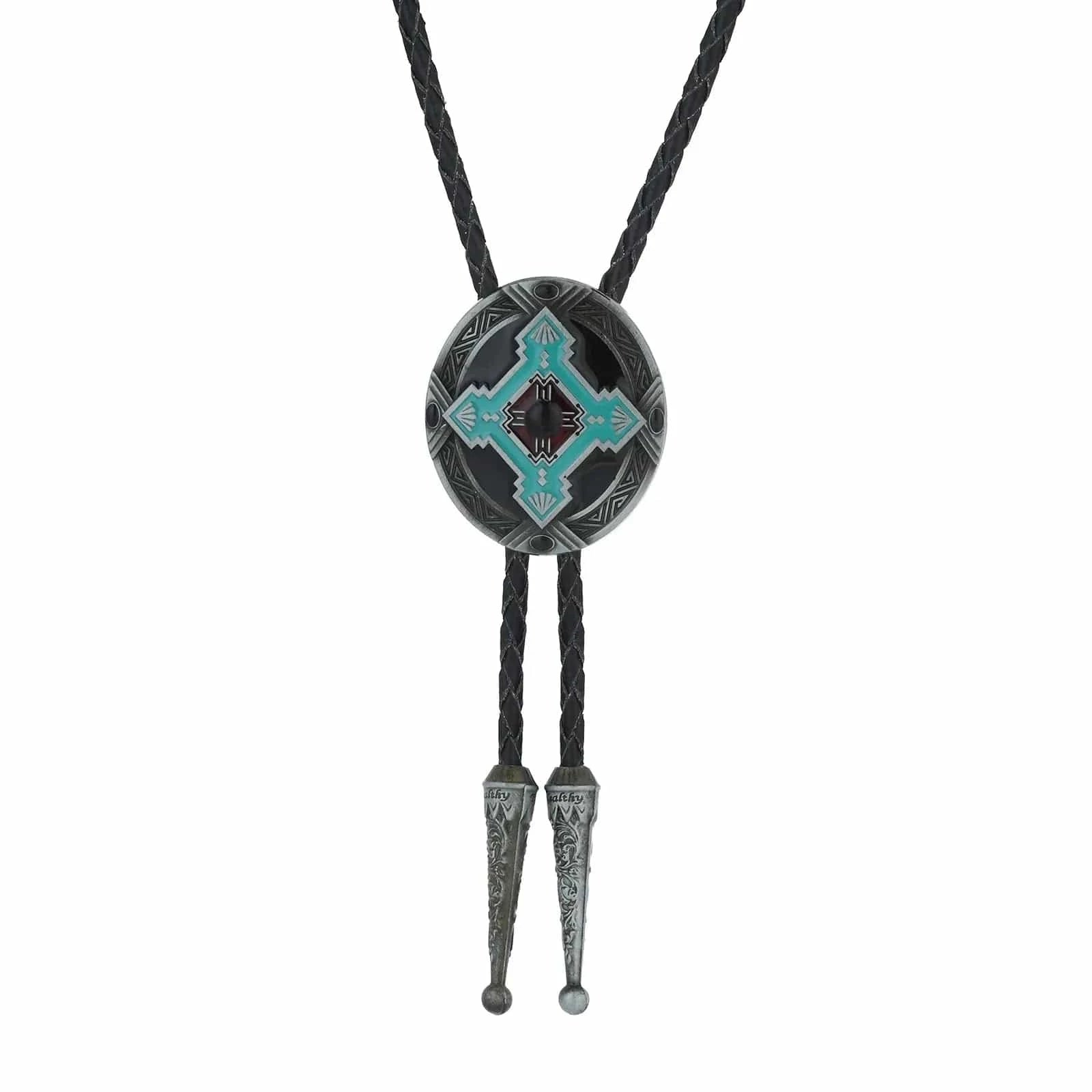 Bolo tie med turkos geometrisk medaljong i zinklegering Blå och svart