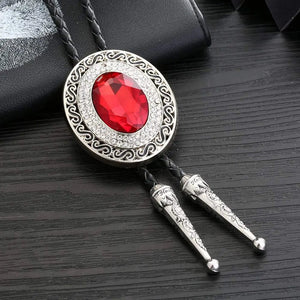Bolo tie rund med blå rhinestone och flätad läderrem