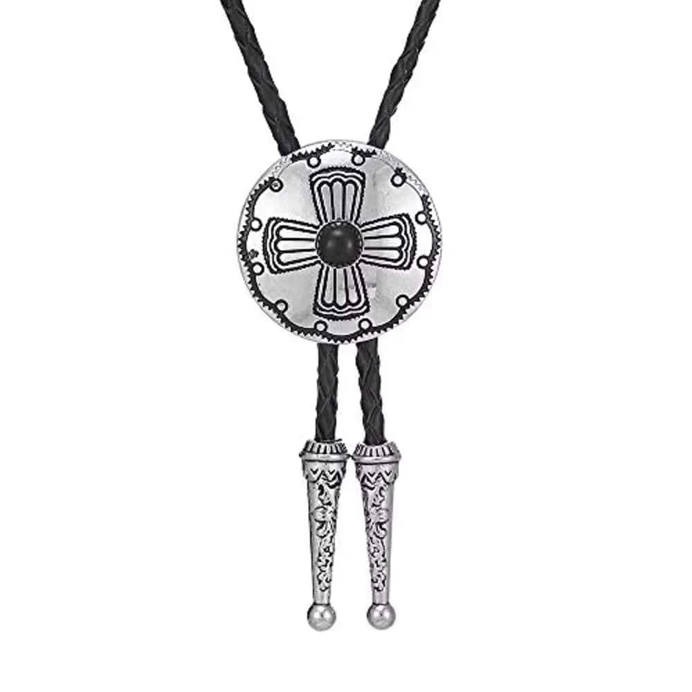 Bolo tie rund med korsdetalj och sten Svart