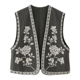 Broderad Dam Väst med Blommönster Svartvit Vintage Crop Grå / XS