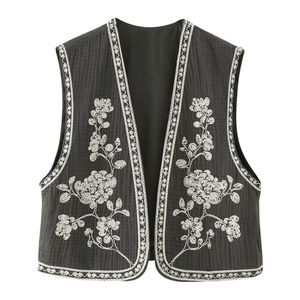 Broderad Dam Väst med Blommönster Svartvit Vintage Crop Grå / XS
