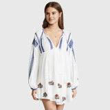 Broderad miniklänning i boho-stil med ballongärm och fransar White / S