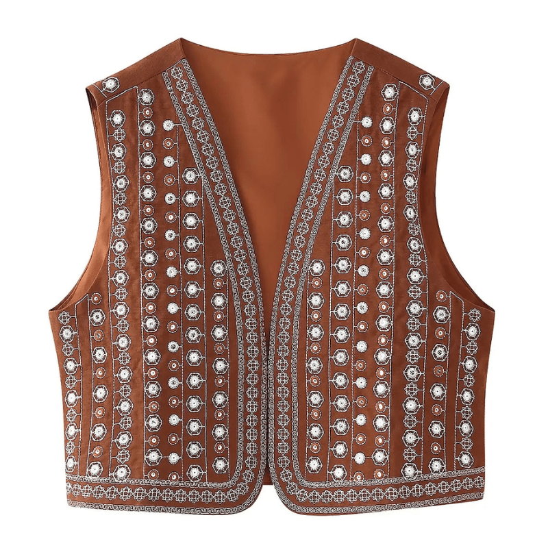 Broderad Väst Dam med Paljetter Brun / XS