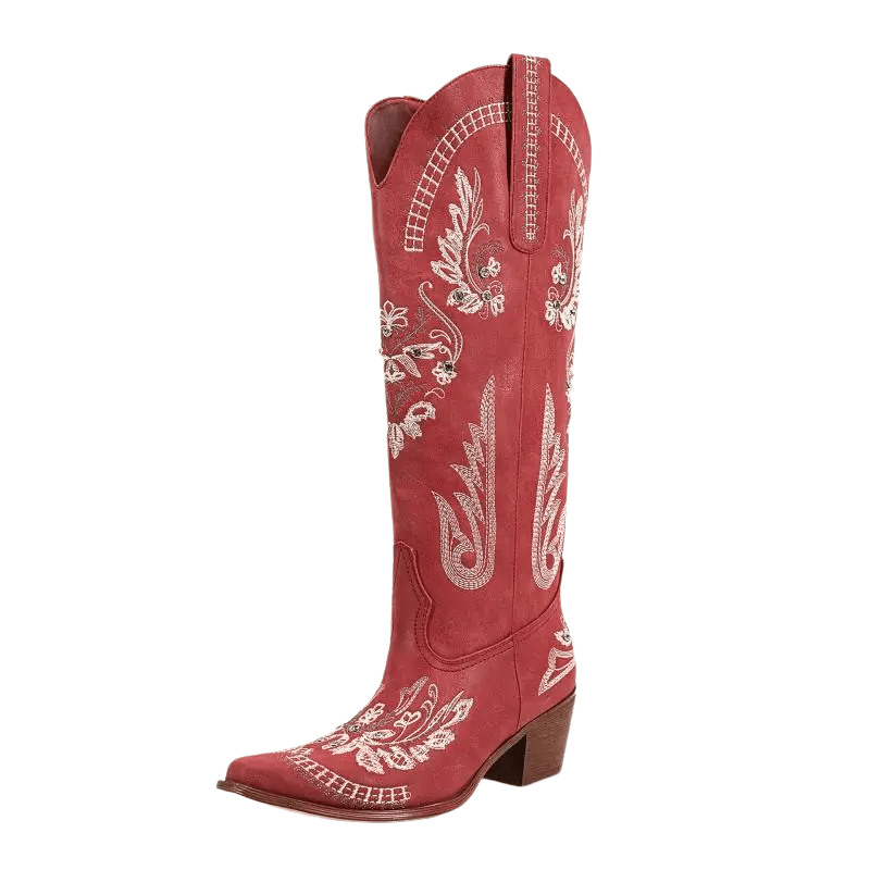 Broderade Cowgirl Boots i Mocka Röd / 35
