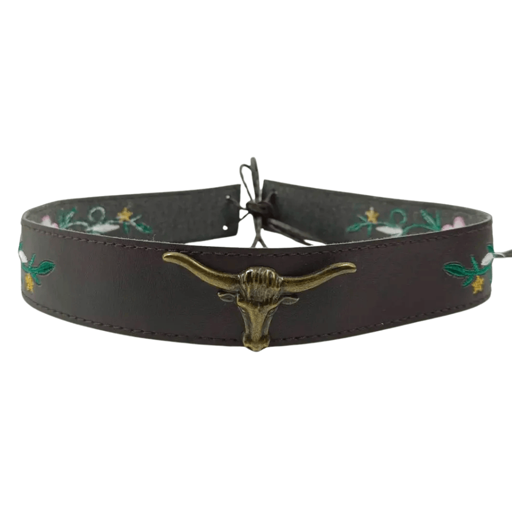 Broderat westernhattband med longhorn Brun / 56-58cm