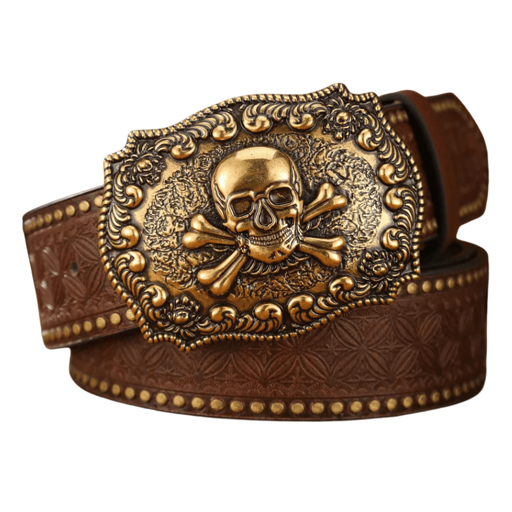 Brunt cowboyläderbälte Dödskalle / 120cm