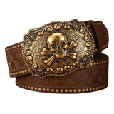 Brunt cowboyläderbälte Dödskalle / 120cm