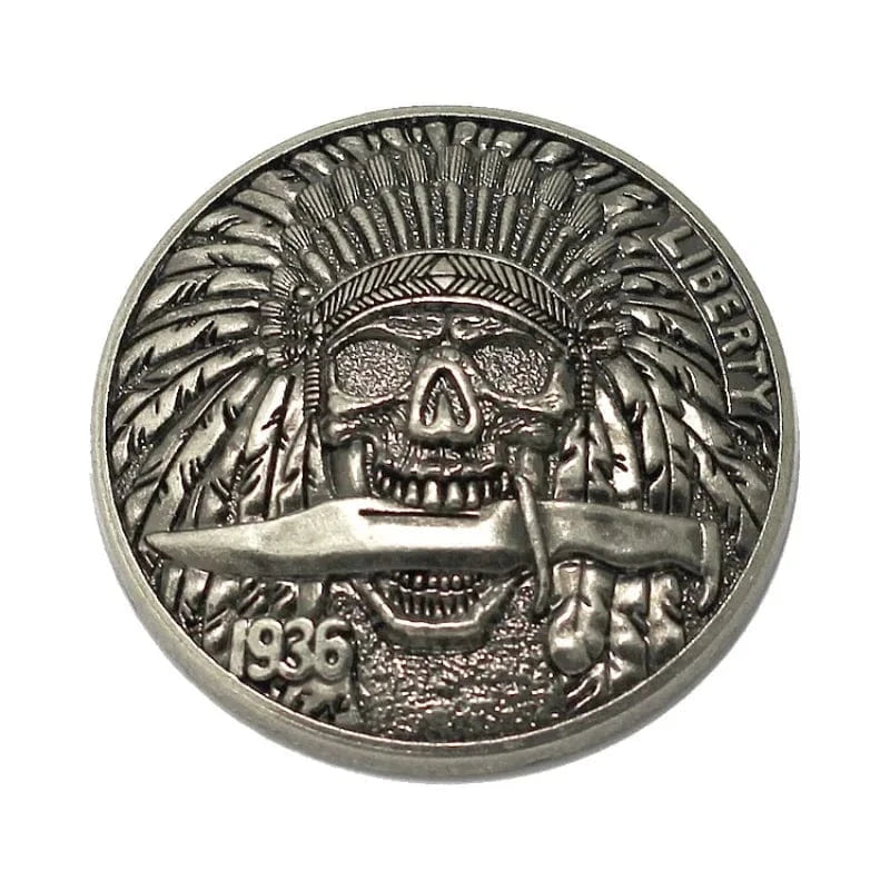 Concho Döskalle i Mässing med Indianmotiv antikt silver / 38mm