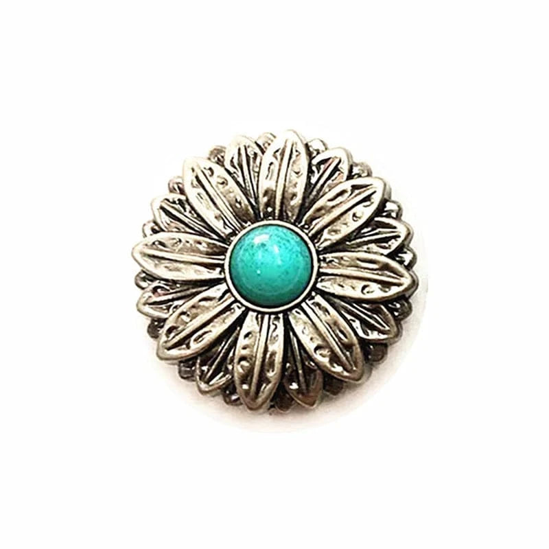Concho i Mässing med Tribal Solblomma och Färgsten Antiksilver och grön / 30mm