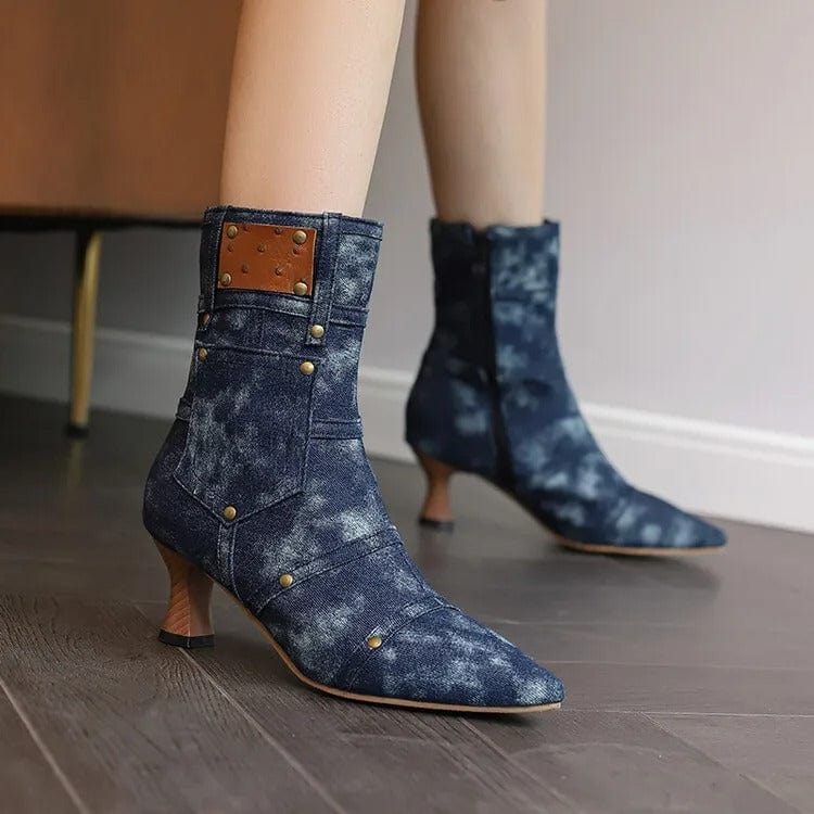 Cowboy stövletter i denim med ficka och nitar