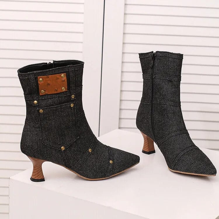 Cowboy stövletter i denim med ficka och nitar
