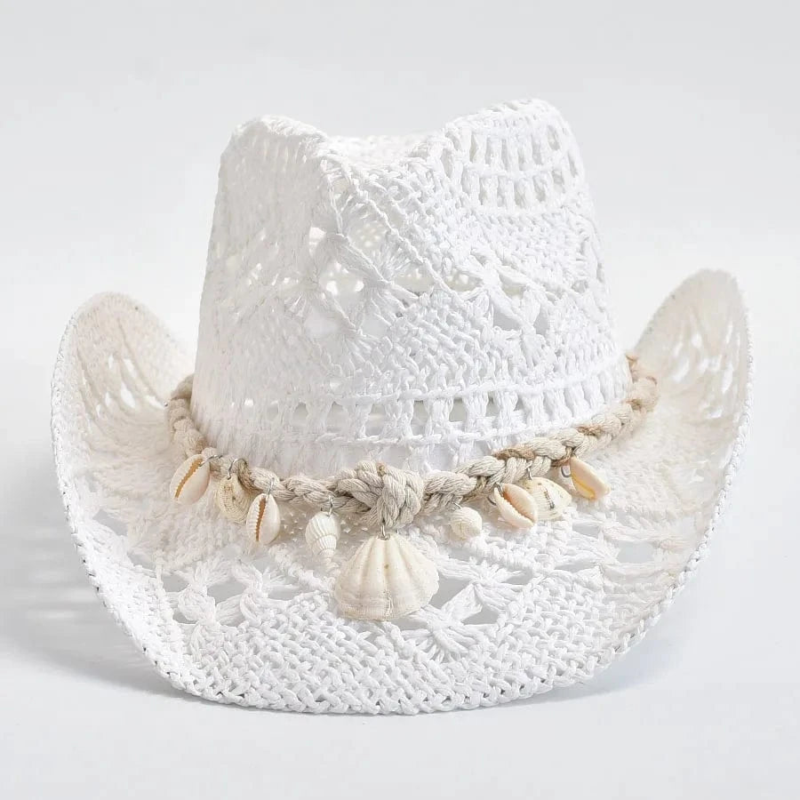 Cowboy stråhatt med Snäckor Vit / One Size