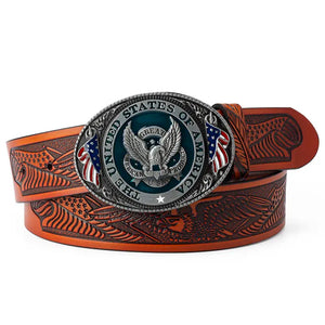 Cowboybälte i läder med amerikanskt flaggspänne Orange / 90cm