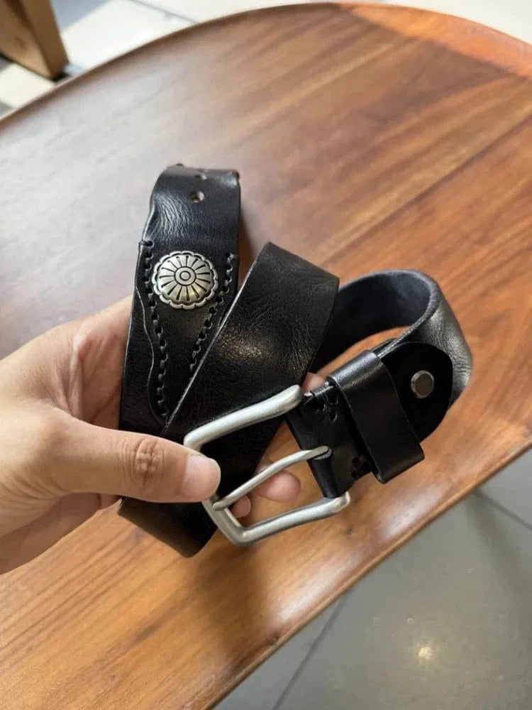 Cowboybälte i Svart Äkta Läder med Silverdetaljer