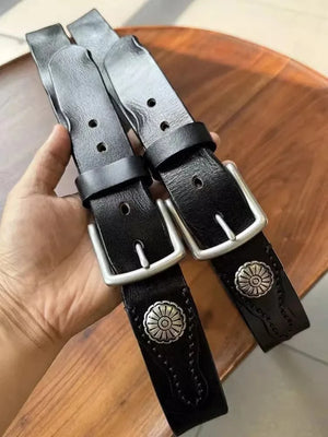 Cowboybälte i Svart Äkta Läder med Silverdetaljer