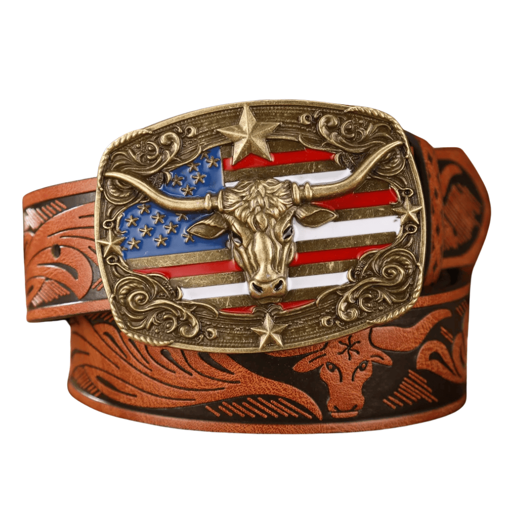 Cowboybälte med amerikansk flagga och Tjurspänne Guld  brun / 120cm