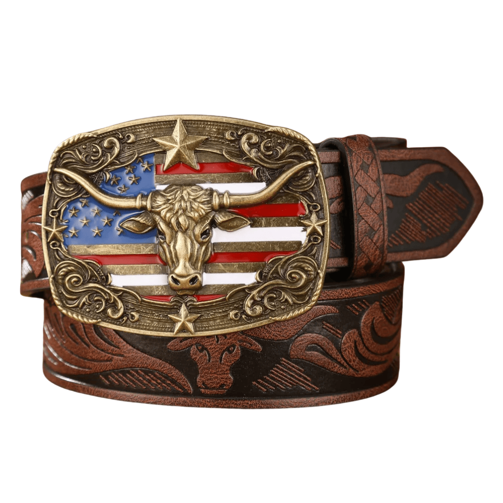 Cowboybälte med amerikansk flagga och Tjurspänne Guld mörkbrun / 120cm