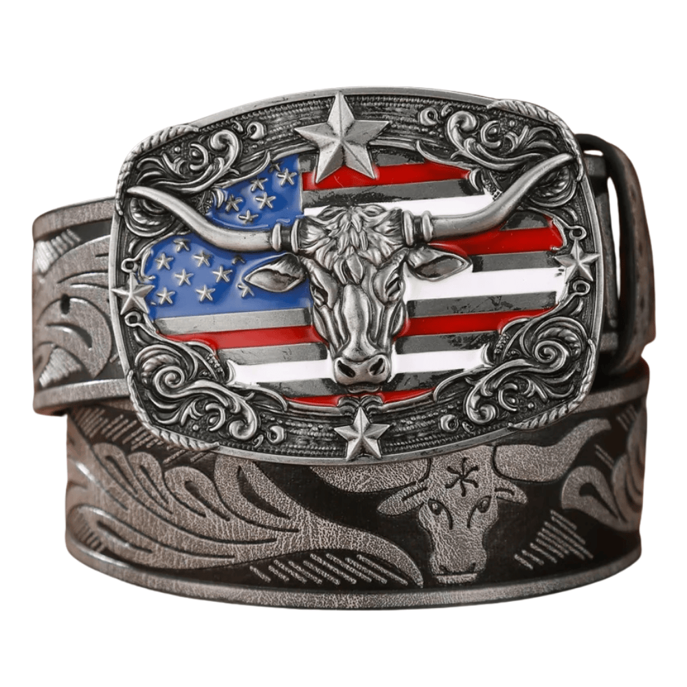 Cowboybälte med amerikansk flagga och Tjurspänne Silver svart / 120cm