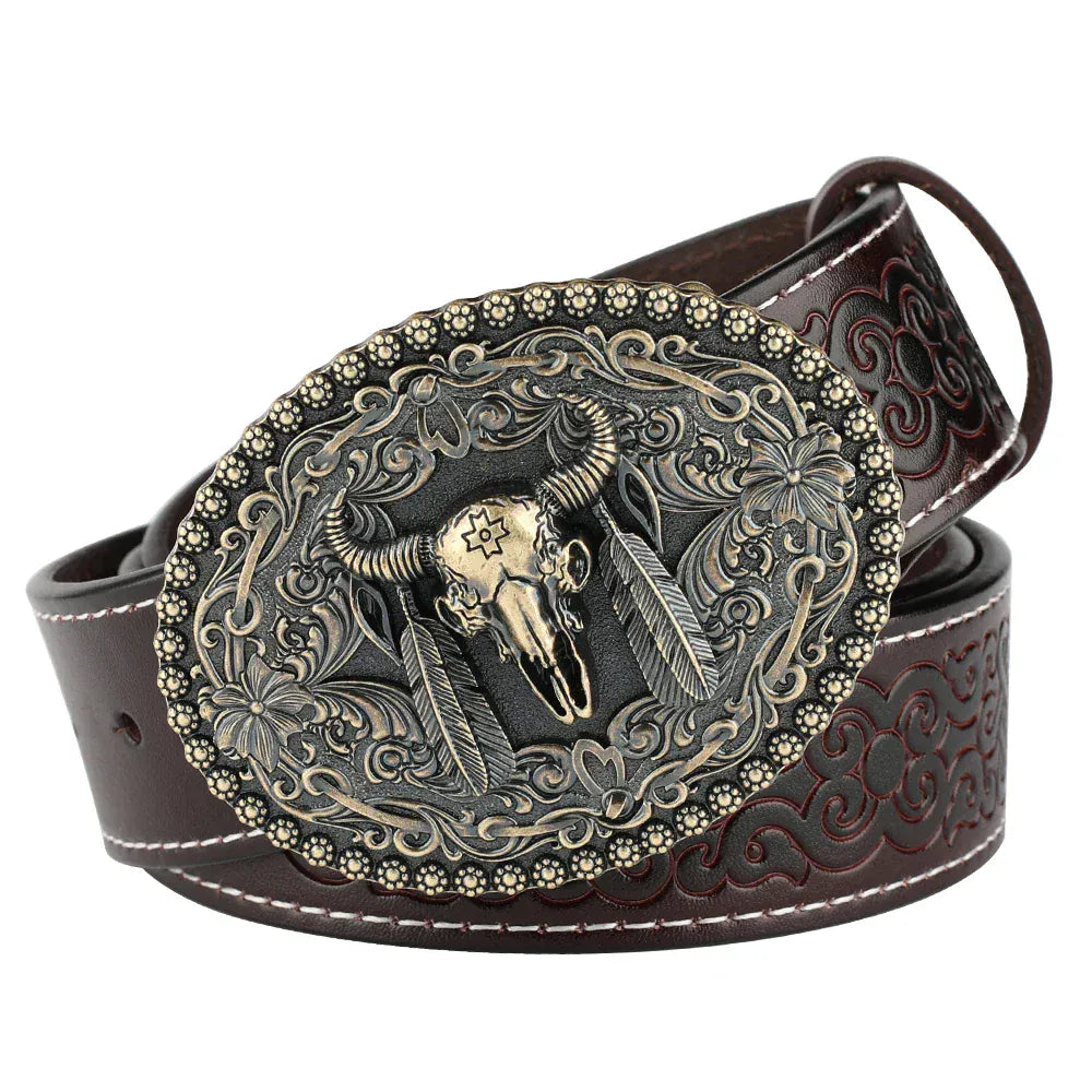 Cowboybälte med tjurskallespänne i äkta läder C Mörkbrun / 95cm