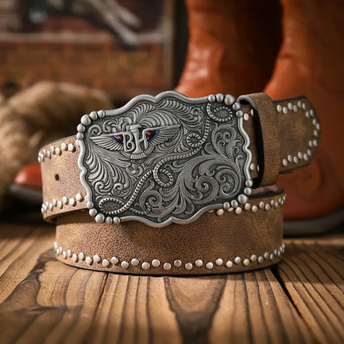 Cowboybälte med vintage spänne Ljusbrun Silver / 120cm