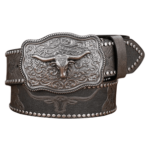 Cowboybältet med graverat longhornsspänne Grå / 120cm