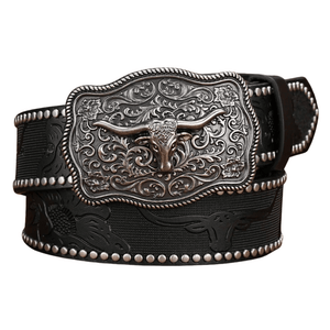 Cowboybältet med graverat longhornsspänne Svart / 120cm