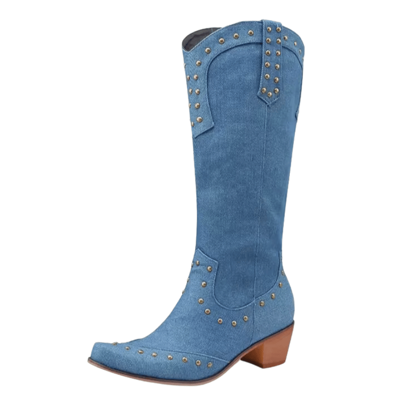 Cowboyboots Denim med Nitar och Blockklack Ljusblå / 35