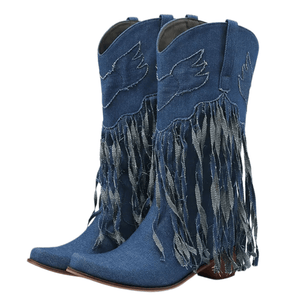 Cowboyboots i denim med fransar och blockklack
