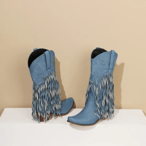 Cowboyboots i denim med fransar och blockklack