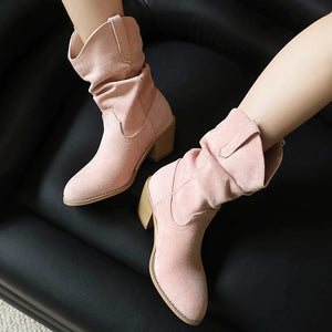 Cowboyboots i mjuk mocka med rynkad skaftdesign