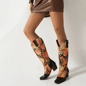 Cowboyboots med Blommönster och Fyrkantig Klack