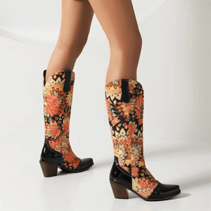 Cowboyboots med Blommönster och Fyrkantig Klack