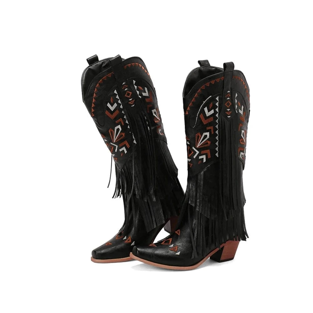 Cowboyboots med broderad design och eleganta fransar Svart / 35