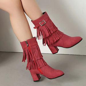 Cowboyboots med fransar och blockklack