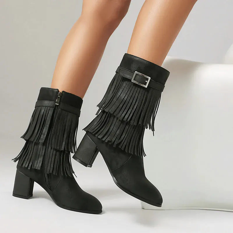 Cowboyboots med fransar och blockklack