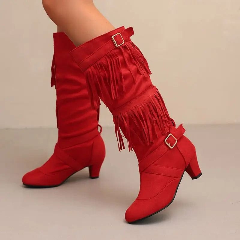 Cowboyboots med tofsar och spänndetaljer i mockalook