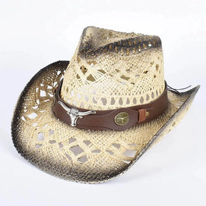 Cowboyhatt i flätad halm med tjurdetalj Beige-svart / Ungefär 58cm