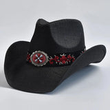 Cowboyhatt i halm med broderat bälte Svart / One Size