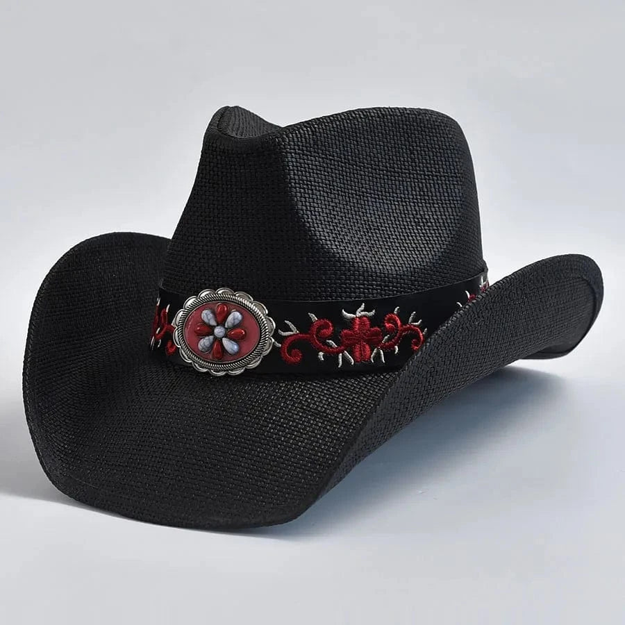 Cowboyhatt i halm med broderat bälte Svart / One Size