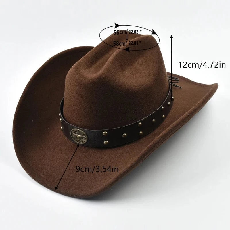 Cowboyhatt i mjuk filt med läderband och nitar