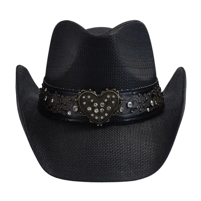 Cowboyhatt i svart flätad halmlook med hjärtspänne Svart / One Size