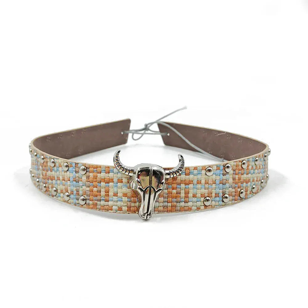 Cowboyhattband i läder tjurhuvud Beige / 55cm–63cm