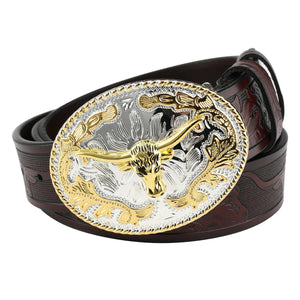 Cowboyläderbälte gyllene tjurspänne Kaffe / 95cm