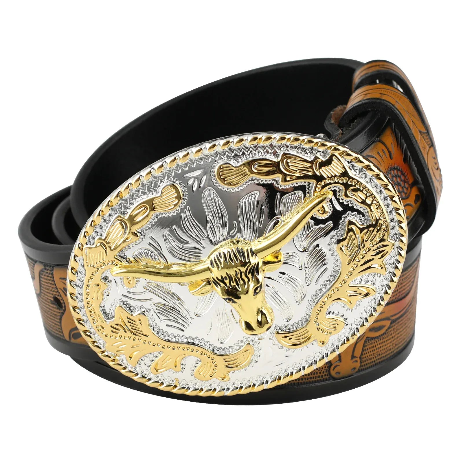 Cowboyläderbälte gyllene tjurspänne Kamel / 95cm