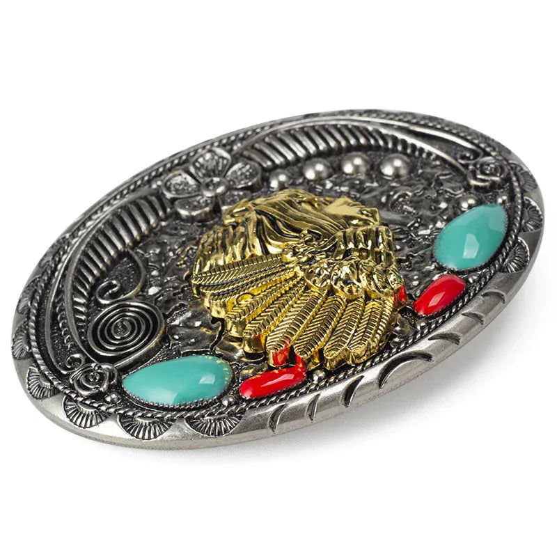 Cowboyläderbälte Indianhuvudspänne