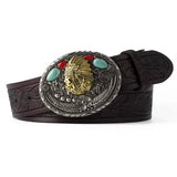 Cowboyläderbälte Indianhuvudspänne Mörkbrun / 85cm