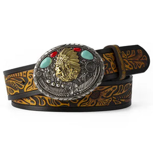 Cowboyläderbälte Indianhuvudspänne Kamel / 85cm